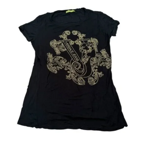 Versace Jeans Black Gold Signature Tee T-shirt 42 US 6 studded rhinestones - Picture 2 of 8